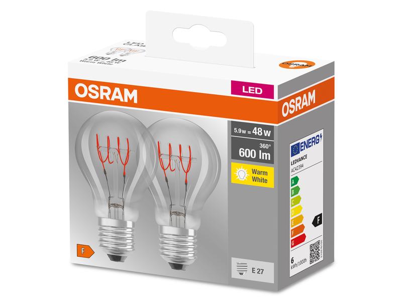 OSRAM Lampe Base Clas A Retro 48, 5.9W, E27, Warmweiss, 2 S LED-Lampen, klassische Kolbenform