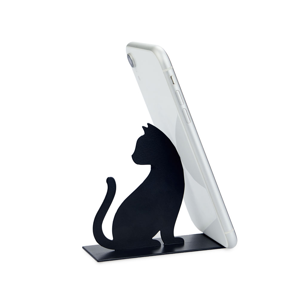 Suporte para smartphone Balvi com estampa de felino, preto, ideal para escritório, mesa, quarto ou sala de estar, em metal.