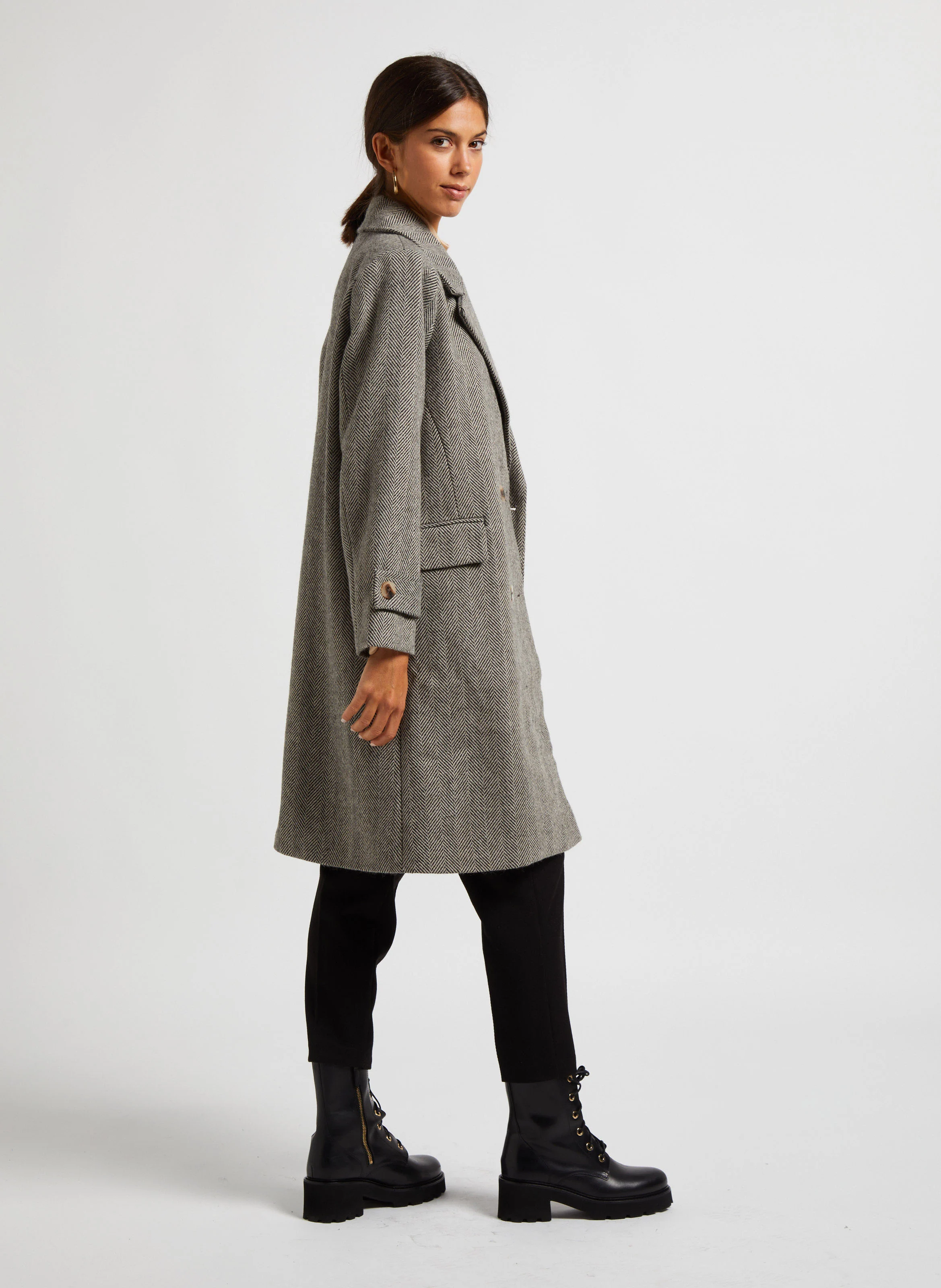 HYNDA - Manteau long col tailleur à imprimé chevron | Beige