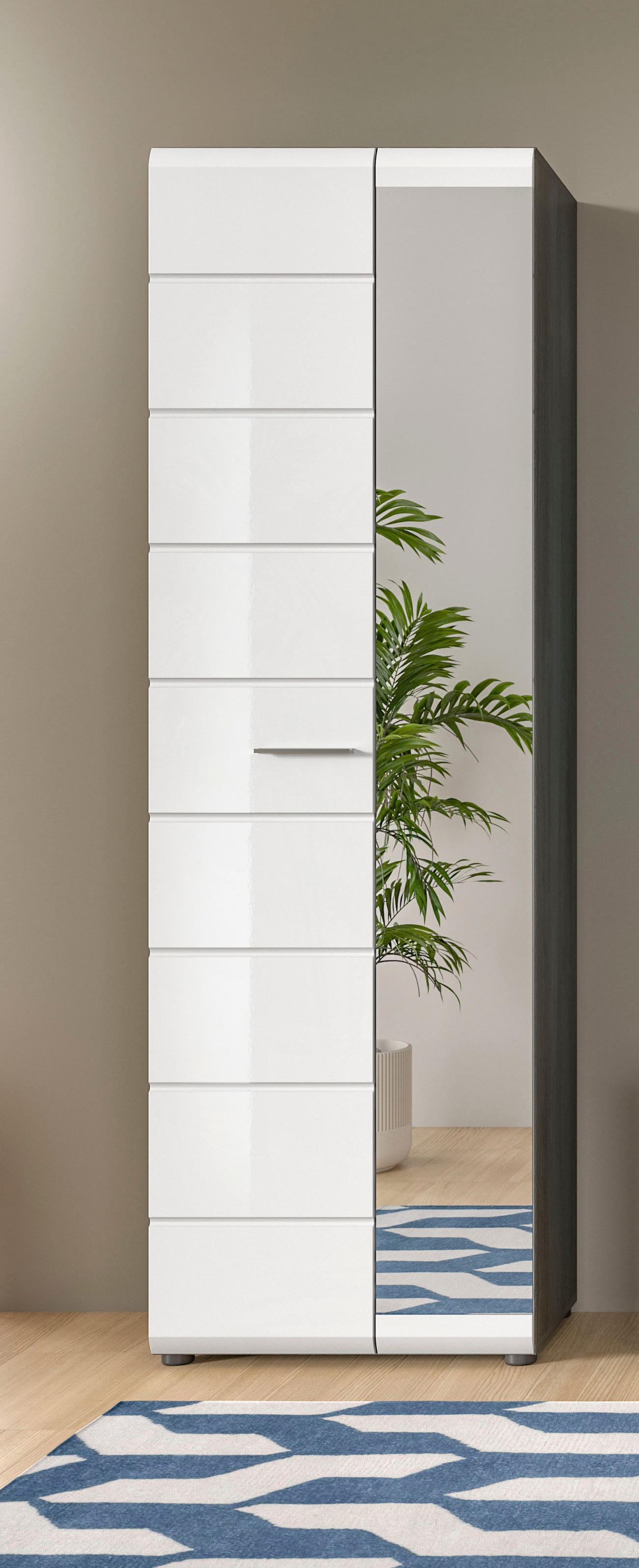 INOSIGN Garderobenschrank »Rumba, Höhe 192 cm, 1 Hochglanz Tür, 1 Spiegeltür, 4 Einlegeböden,« 1 Kleiderstange, Stauraumschrank, Flurschrank, Flurmöbel