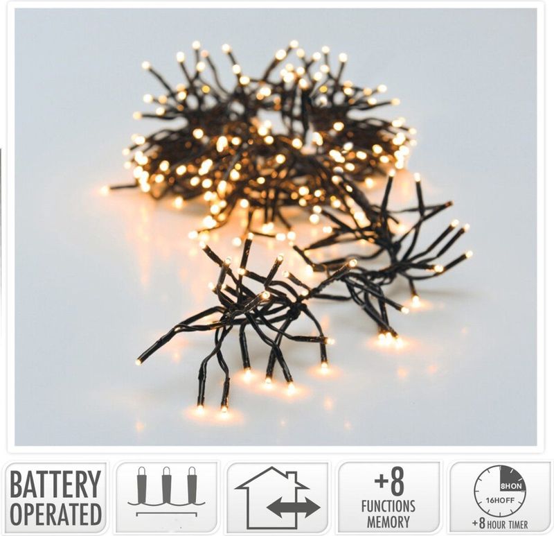Clusterverlichting - 192 LED - Kerstverlichting - Warm wit - Batterij - Lichtfuncties - Timer - Geheugen