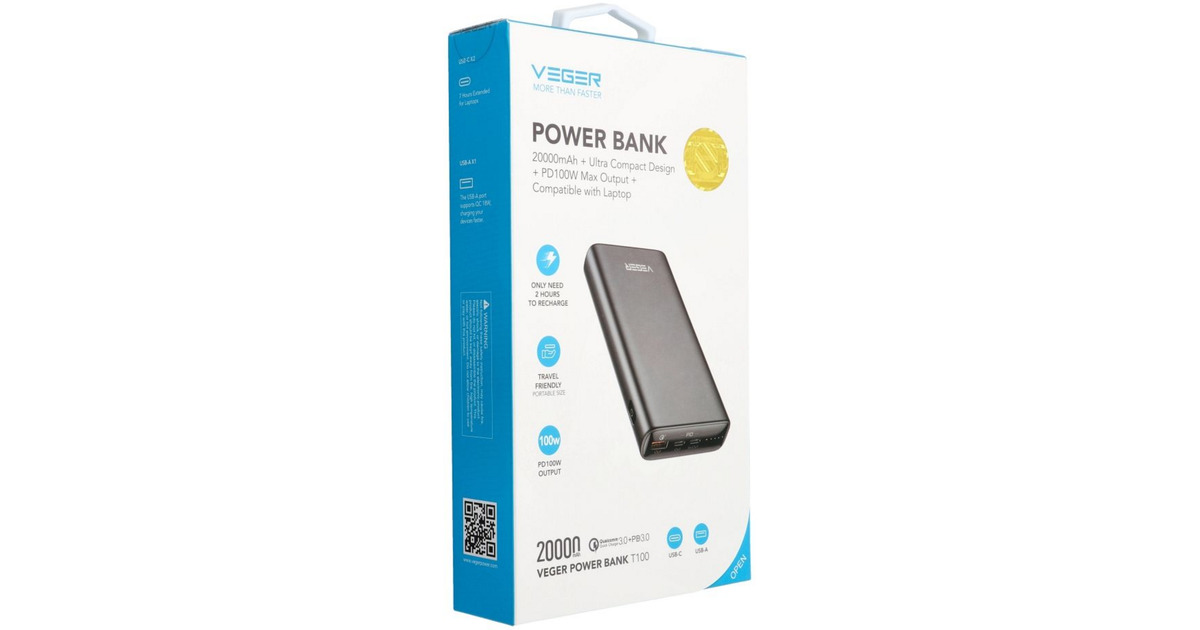 VEGERT100 powerbank 20.000 mAh  (Zwart)