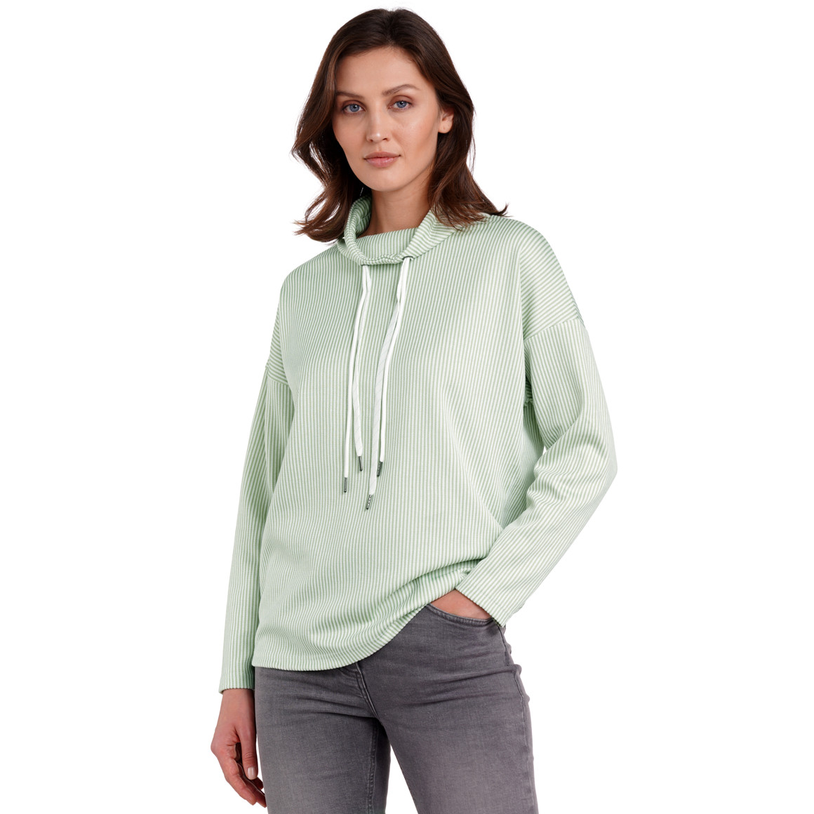 Gina Benotti Damen Sweatshirt mit Schalkragen hellgrün / weiss