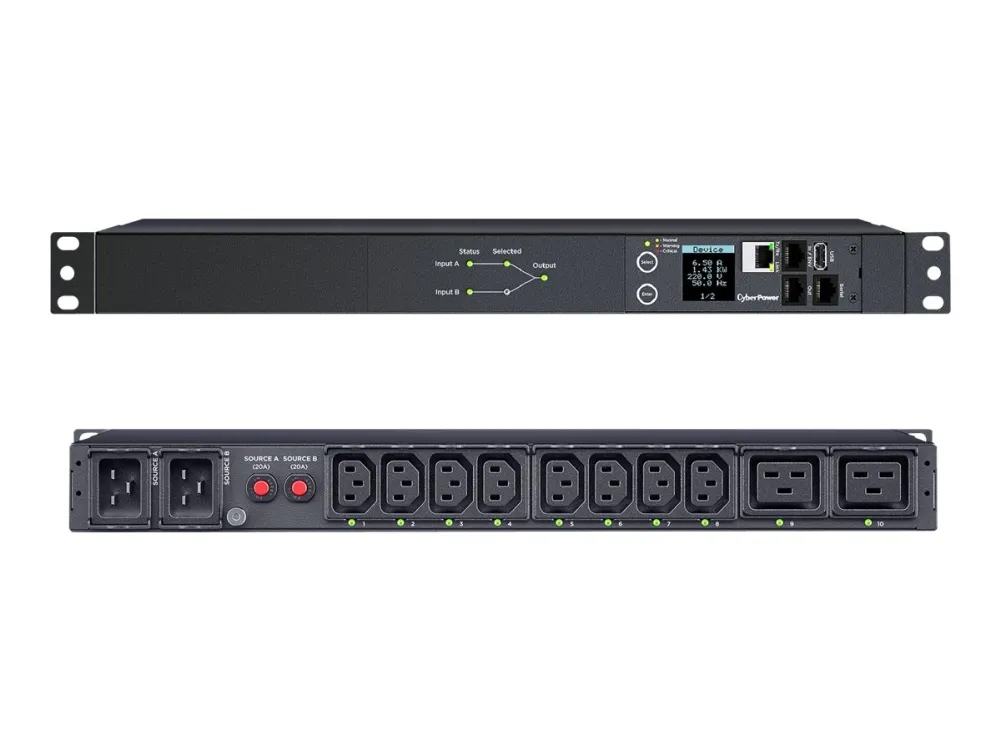 CyberPower Switched ATS PDU44005 - Strømfordelingsenhed (rackversion) - AC 200-240 V - 1-faset - serial, Ethernet - input: 2 x IEC 60320 C20 - output-stikforbindelser: 10 (8 x IEC 60320 C13, 2 x IEC 60320 C19) - 1U - 3.05 m ledning - sort