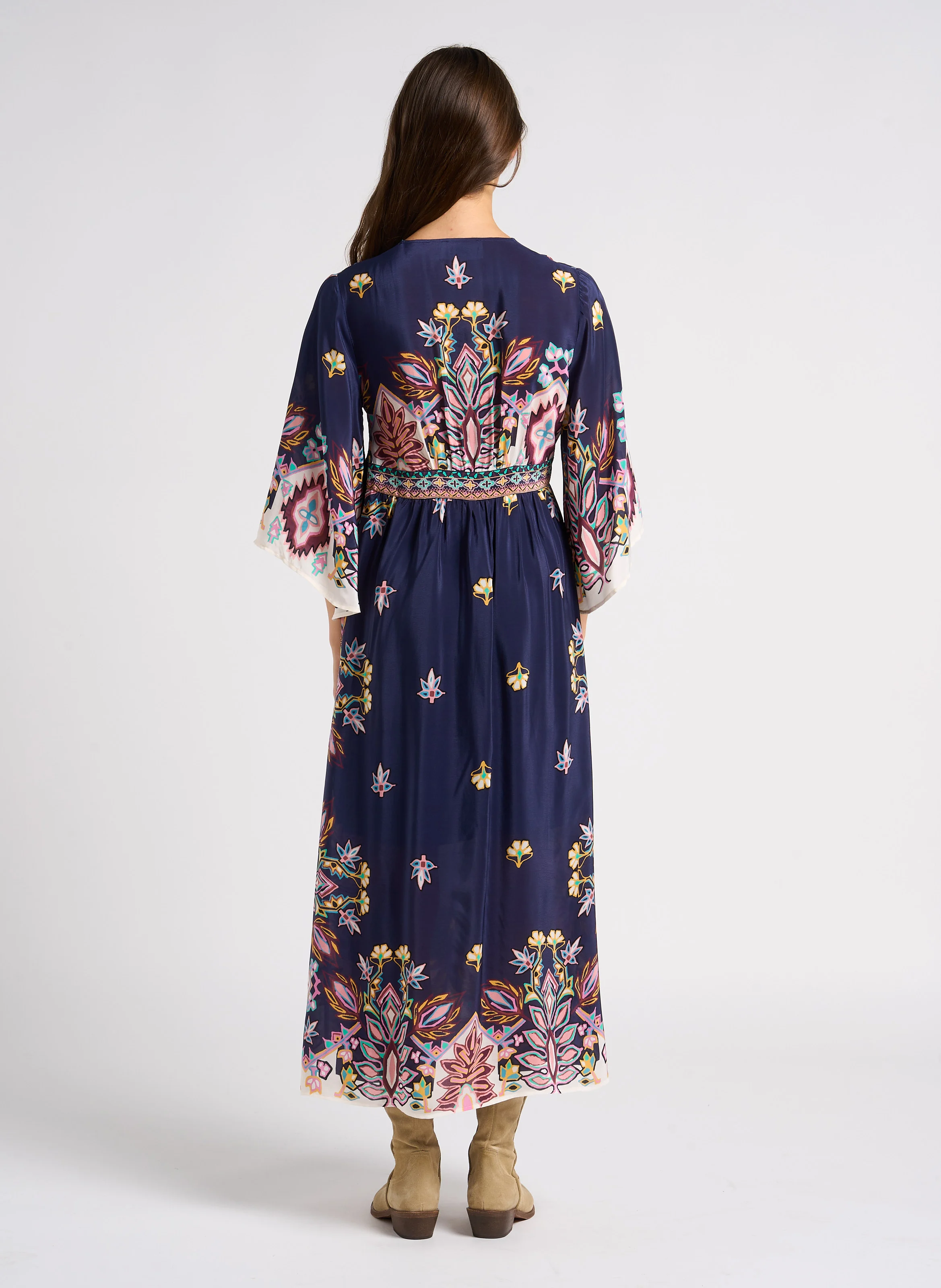 LUFIA - Robe longue évasée col V imprimée | Bleu