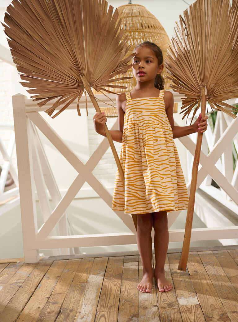 Robe réversible jaune et imprimé animalier pour fille