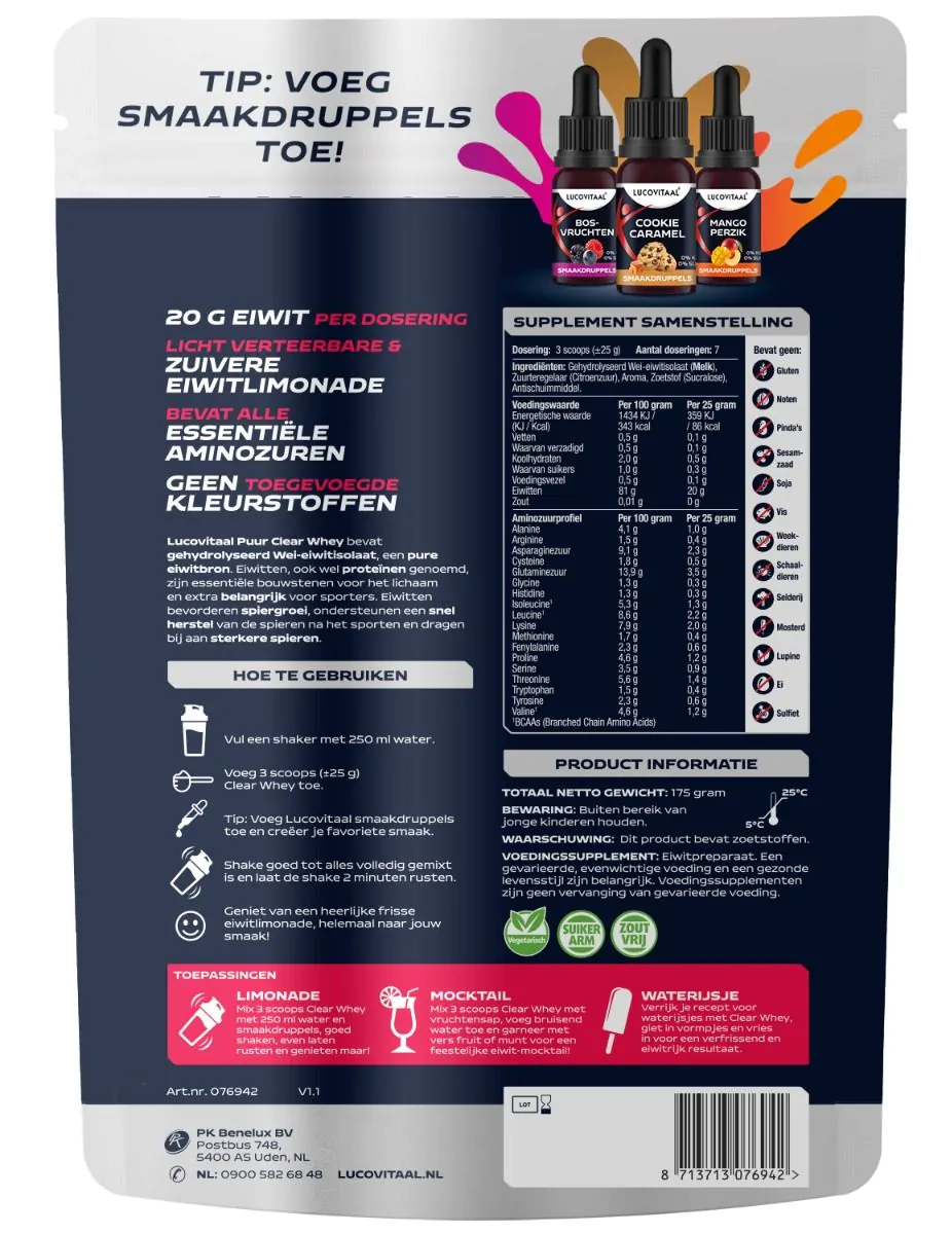 Puur Clear Whey poeder – Verfrissende eiwitlimonade | 175 gram (THT 04-2027)