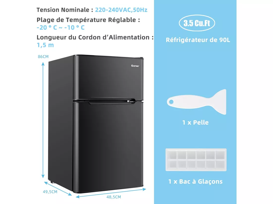 Réfrigérateur à Double Porte 90 L, Réfrigération Rapide, Économie d'énergie, Réfrigérateur en Métal avec 7 Niveaux de Température (Noir) [Classe énergétique E]