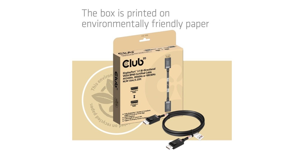 Club 3DDisplayPort 2.1 Bi-Directional VESA DP80 Certified kabel 4K 240 Hz  (1,6 meter)