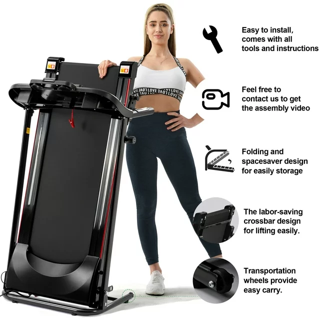 Esteira dobrável portátil de 2,5 HP para corrida e caminhada, compacta, com 12 programas predefinidos, visor LED, Bluetooth para música e fácil montagem para uso doméstico.