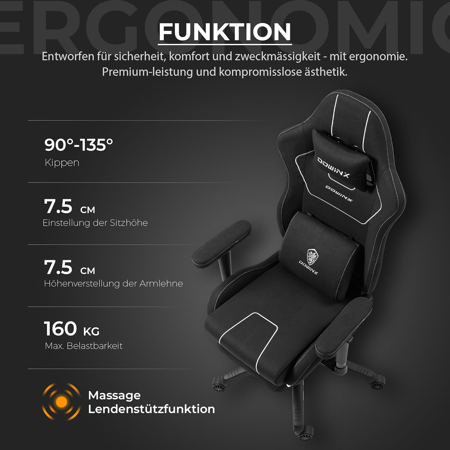 Dowinx Gaming Stuhl Stoff, ergonomischer Gamer Stuhl mit weich gepolsterten Komfort-Armlehnen, Stabiler Gaming Chair und Bürostuhl für langes Sitzen, Schwarz