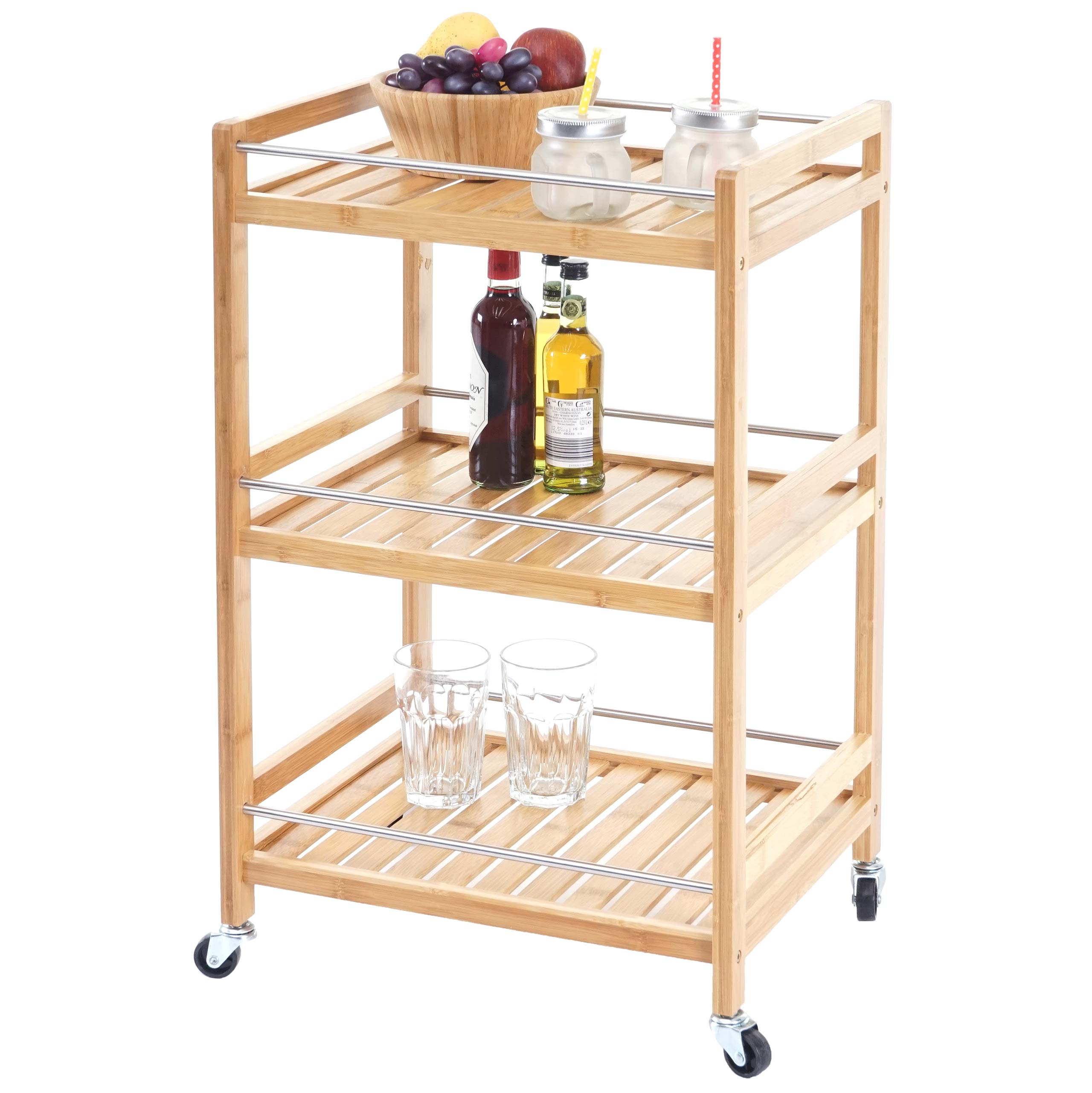 Rollwagen MCW-D91, Rollregal Allzweckwagen Bücherregal, 3 Ebenen Bambus 76x46x38cm