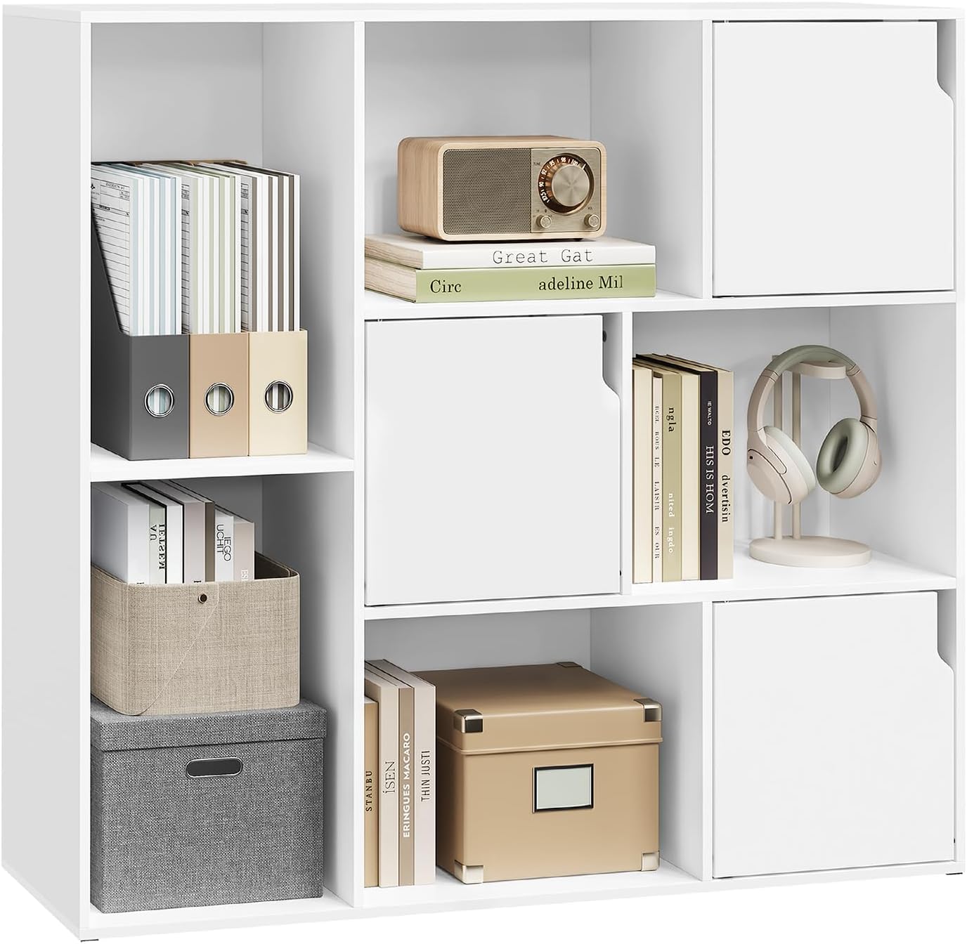 WOLTU Bücherregal mit 8 Fächern, Regal mit 3 Türen, Standregal Aktenregal Ordnerregal, Aufbewahrungsregal für Büro Wohnzimmer Arbeitszimmer, 106x96x30 cm, Weiß, SK056ws