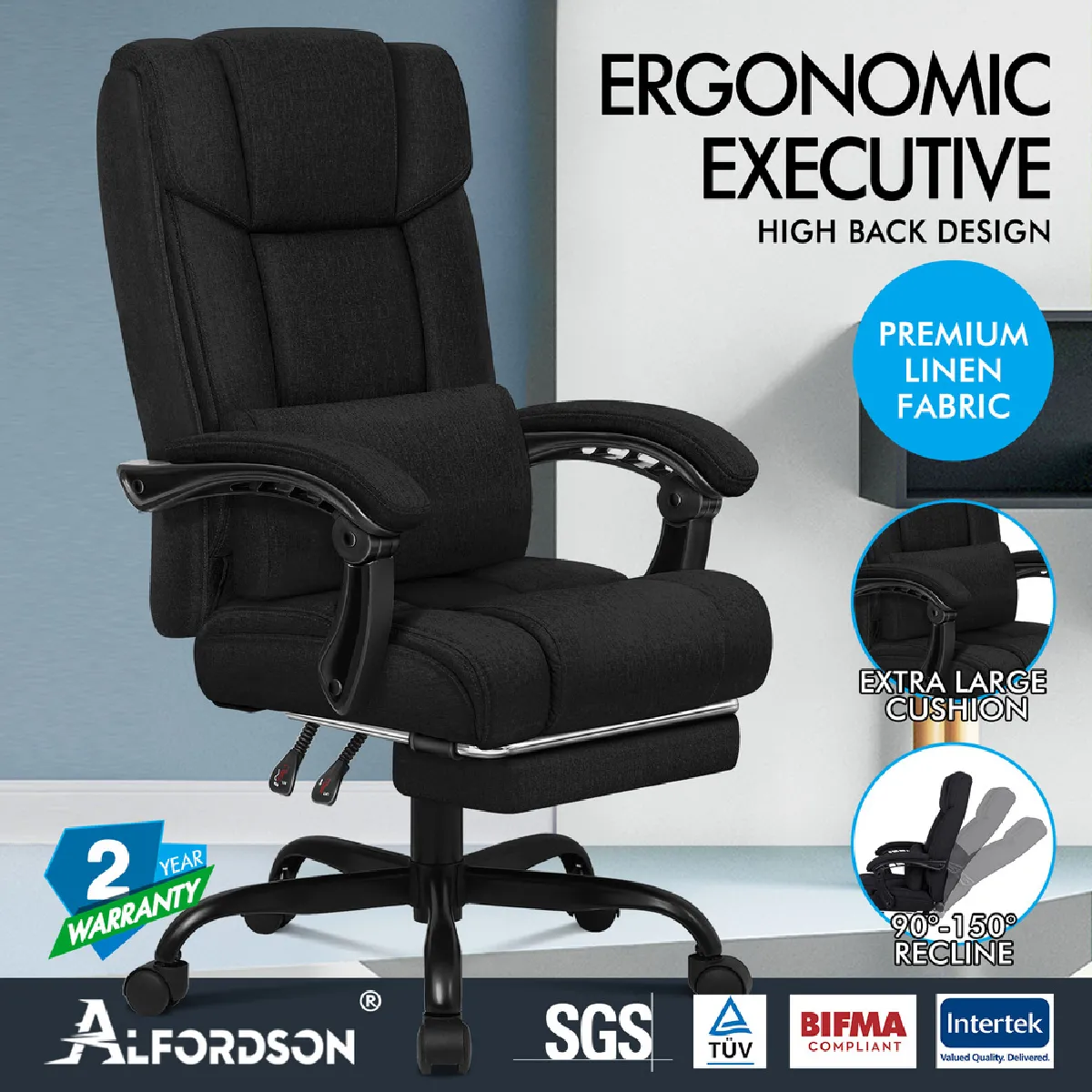 ALFORDSON Fauteuil Gaming Tissu - Noir