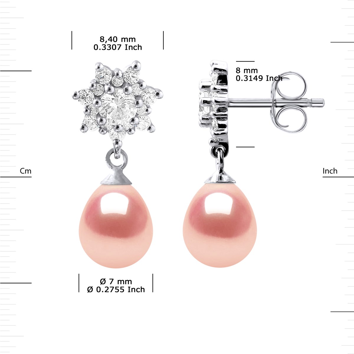 Boucles d'Oreilles Pendantes Perles d'Eau Douce Poires 7-8 mm Roses Joaillerie Argent 925