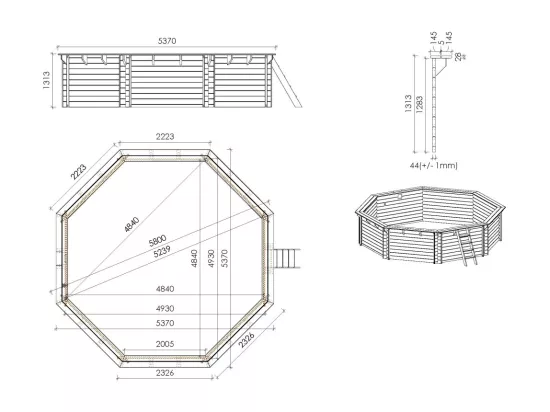 Piscine en bois 5,37x5,37 - H.1,31 m - avec filtration et coffre - BAS754OSP+SZA6 - ALTANKA