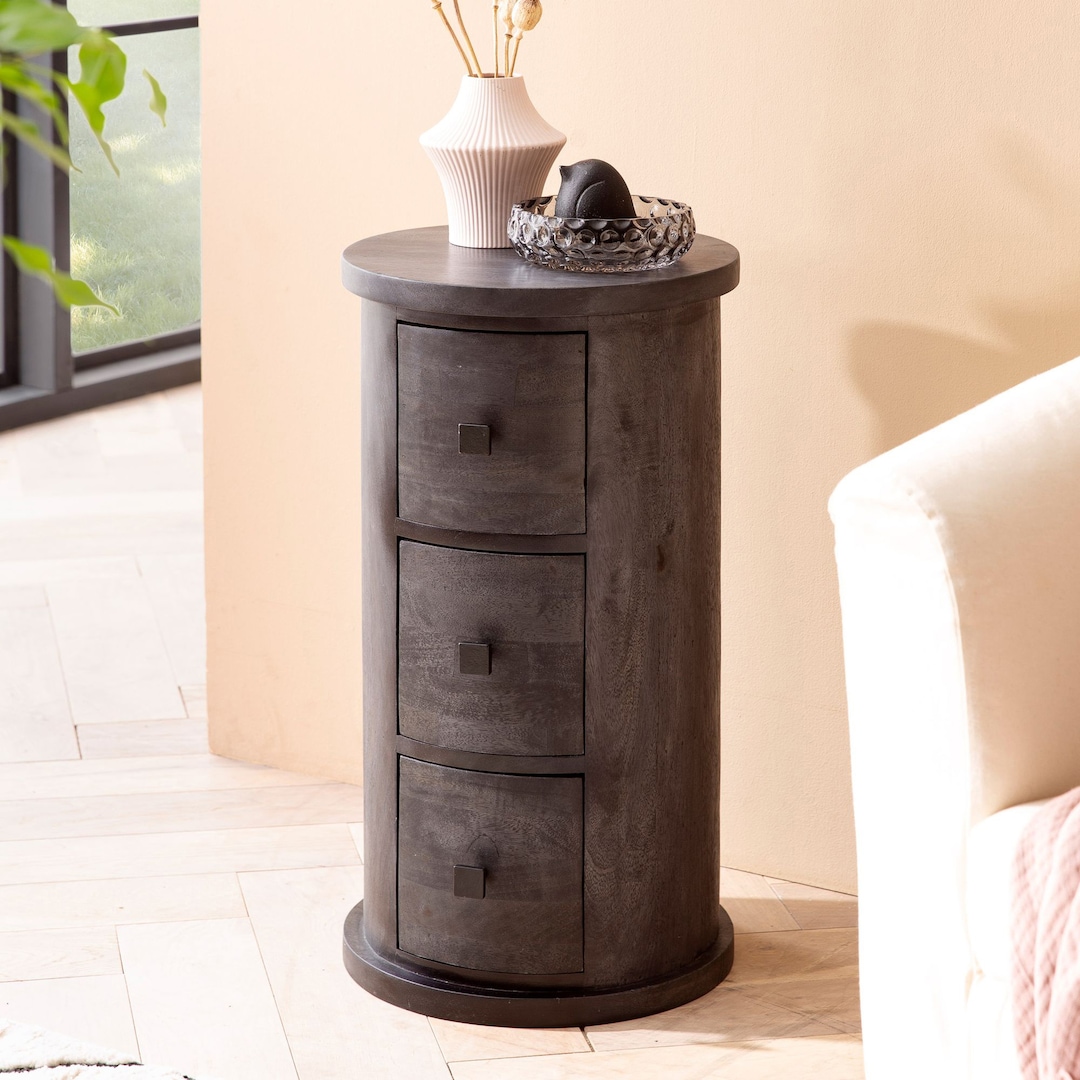 Kommode 34 x 65 x 34 cm Mango Massivholz schwarz Griffe Edelstahl lackiert