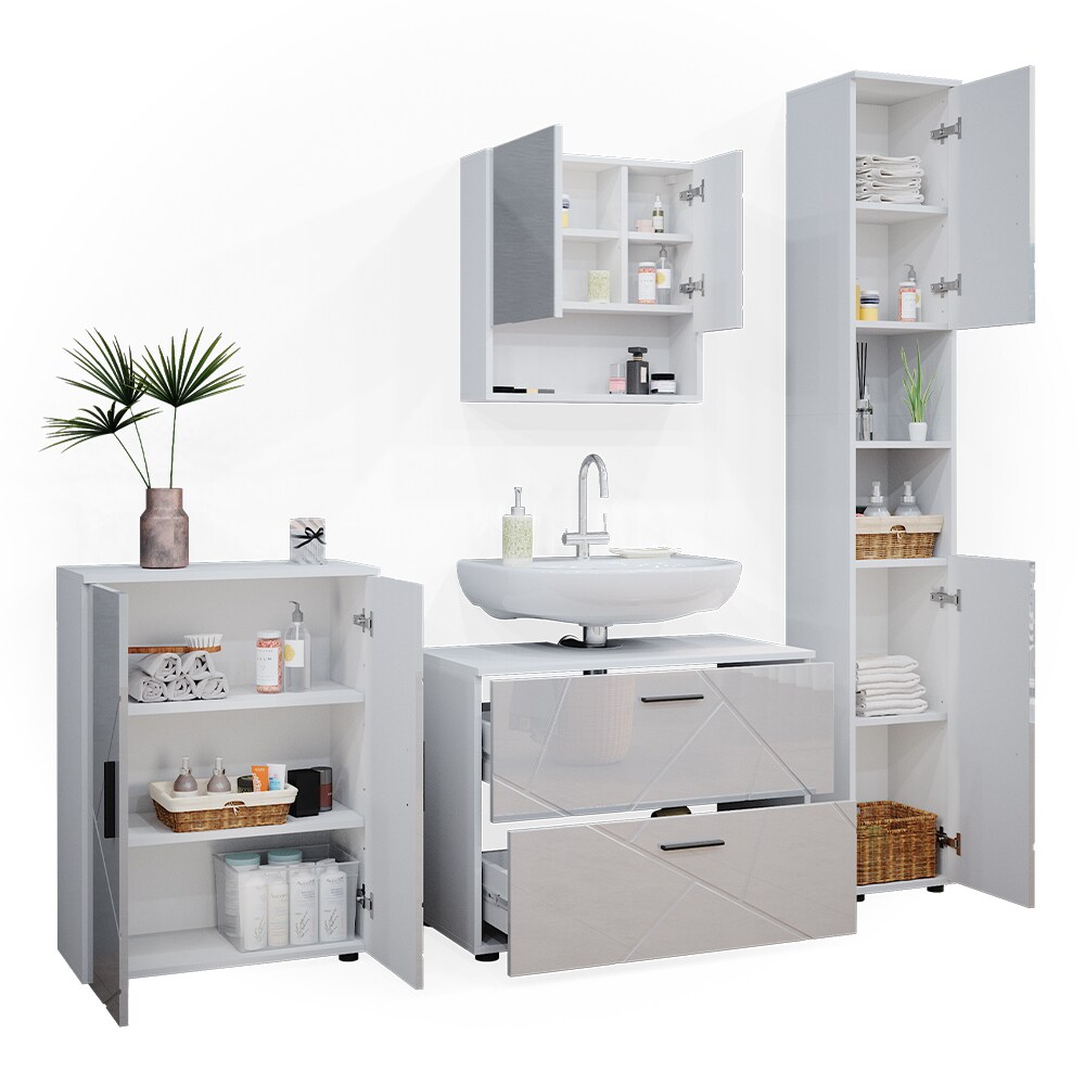 Vicco Badmöbelset Unterschrank Spiegel Badschrank Hochschrank Irma Weiß Hochglanz Badmöbel