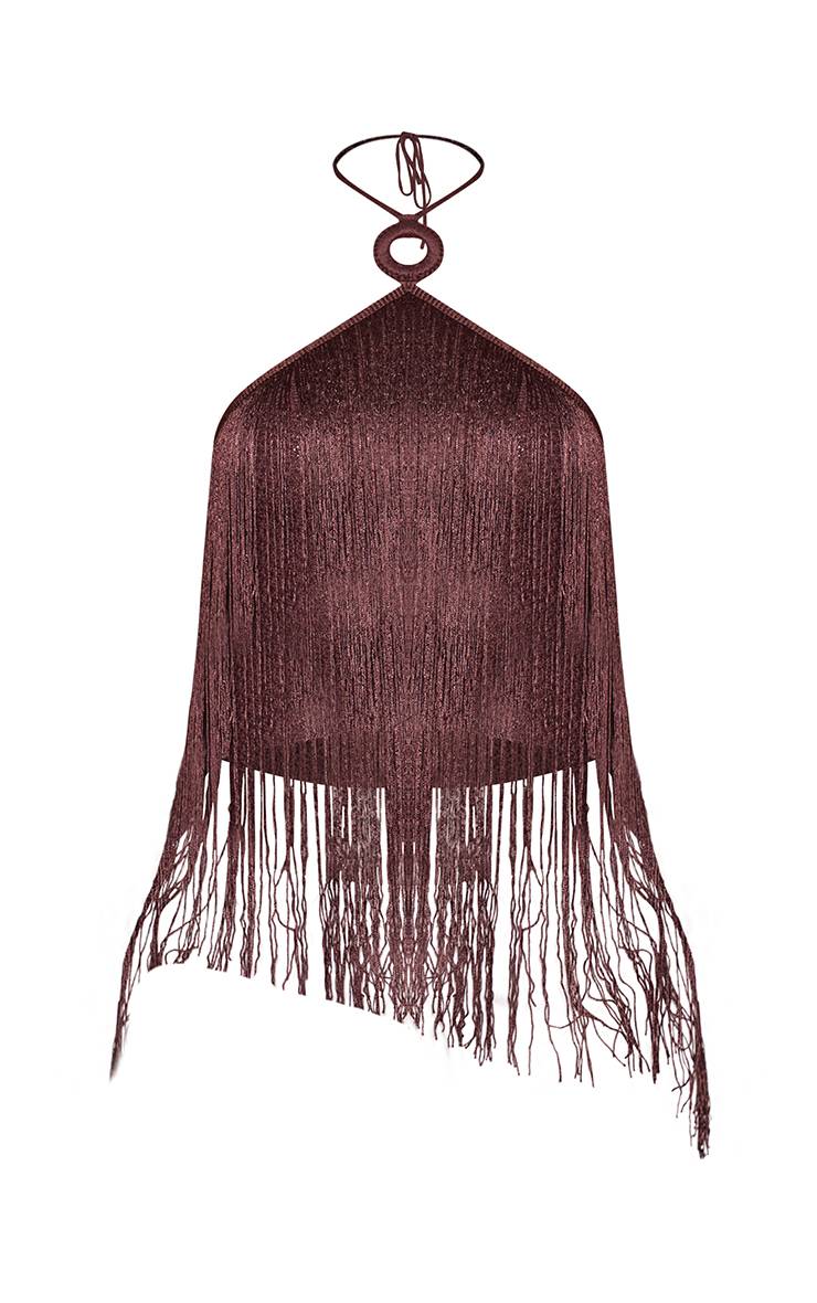 Marron Haut Dos-nu En Maille À Détails Pompons Chocolat