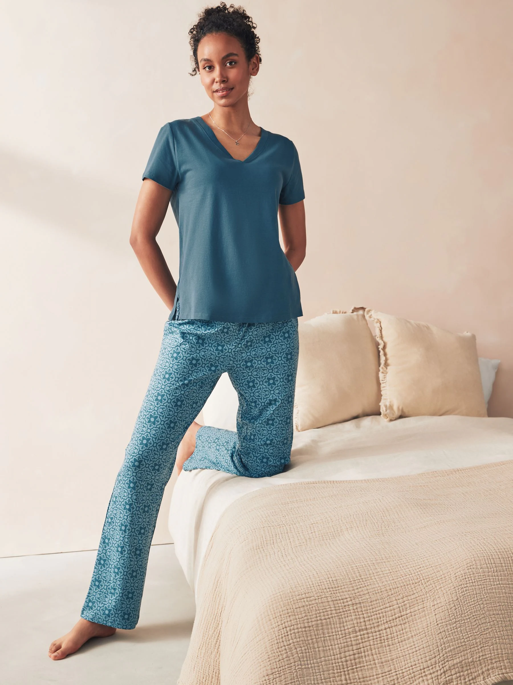 Chambray blauw met geometrische print - Pyjama met korte mouwen