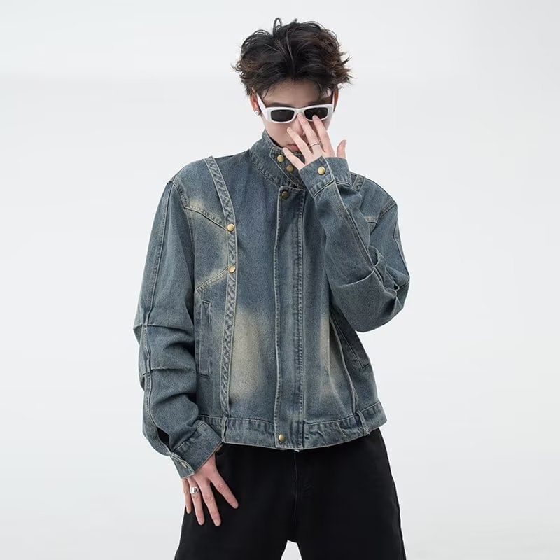 Maxelane - Gewassen denim jack met kraag en rits en versleten panelen