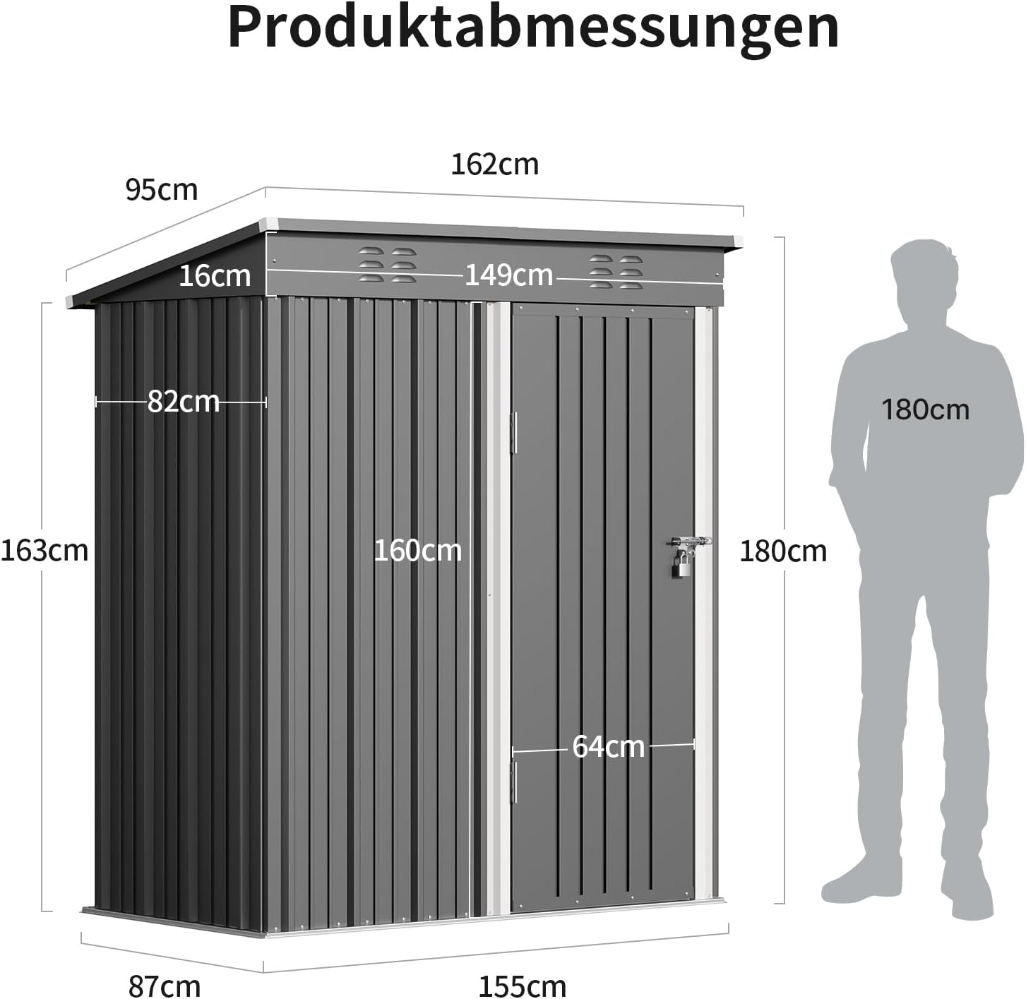 Bealife Metall-Geräteschuppen 180 x 162 x 95 cm, Geräteschuppen aus Stahl, Gartenschuppen, Lagerschuppen im Freien, Gartenhaus für Hinterhof, Terrasse, Rasen (Grau)