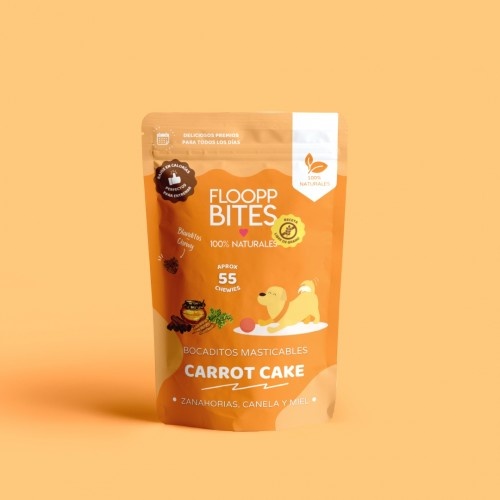 FlooppBITES petiscos macios e naturais sabor bolo de cenoura para cães