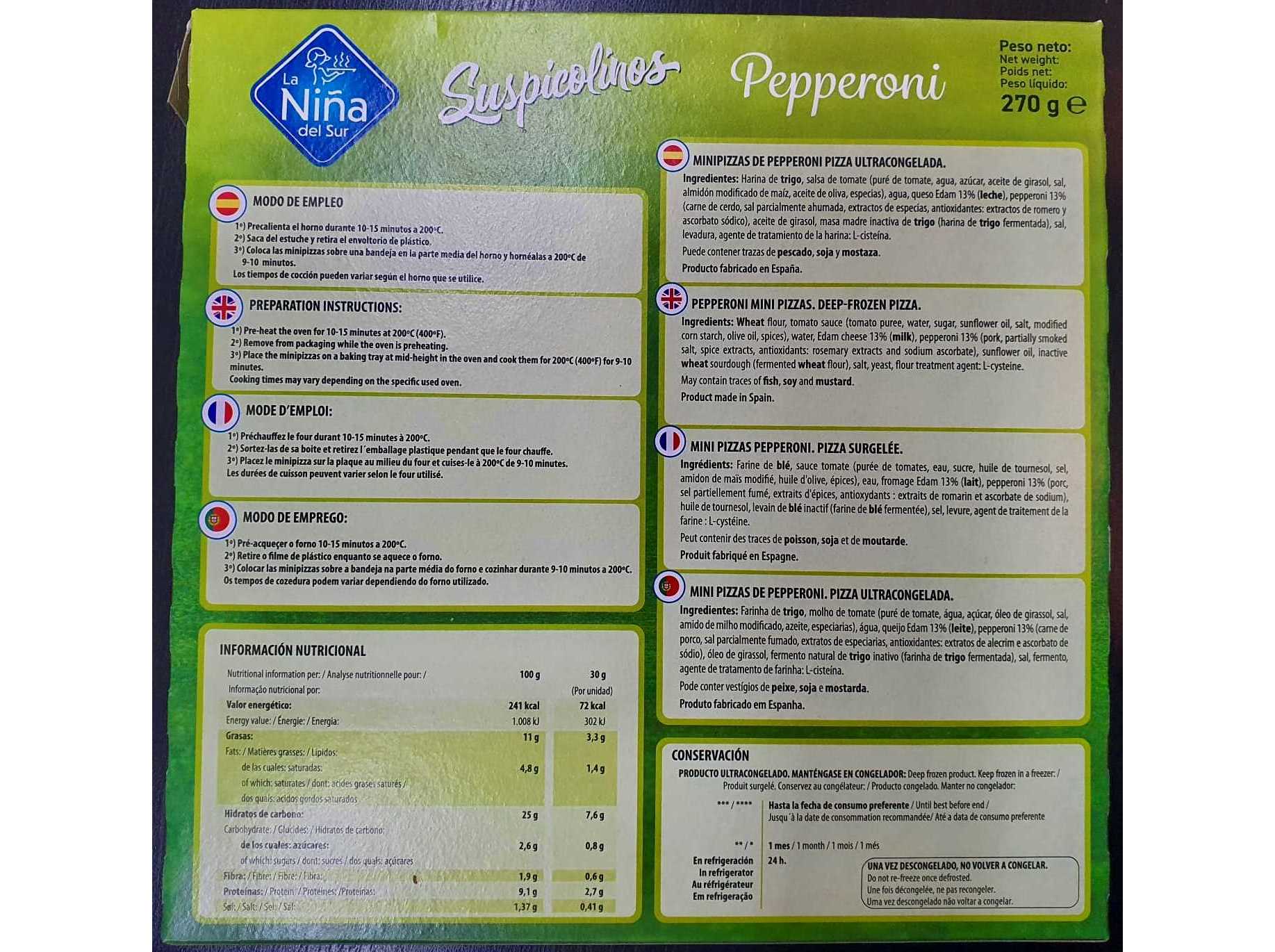 MINI PIZZAS LA NIÑA DEL SUR PEPPERONI 9UN 270G