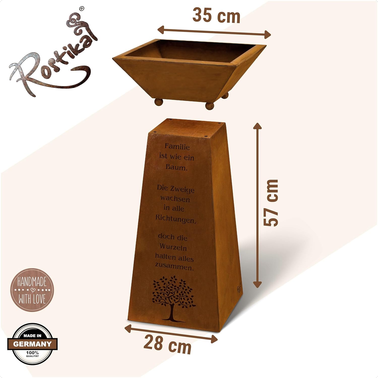 Rostikal Pflanzsäule 72 cm - Dekorative Gartensäule aus Metall - inkl. Blumenschale und Familienspruch im Rostdesign - Handgefertigt, Hochwertig, Langlebig