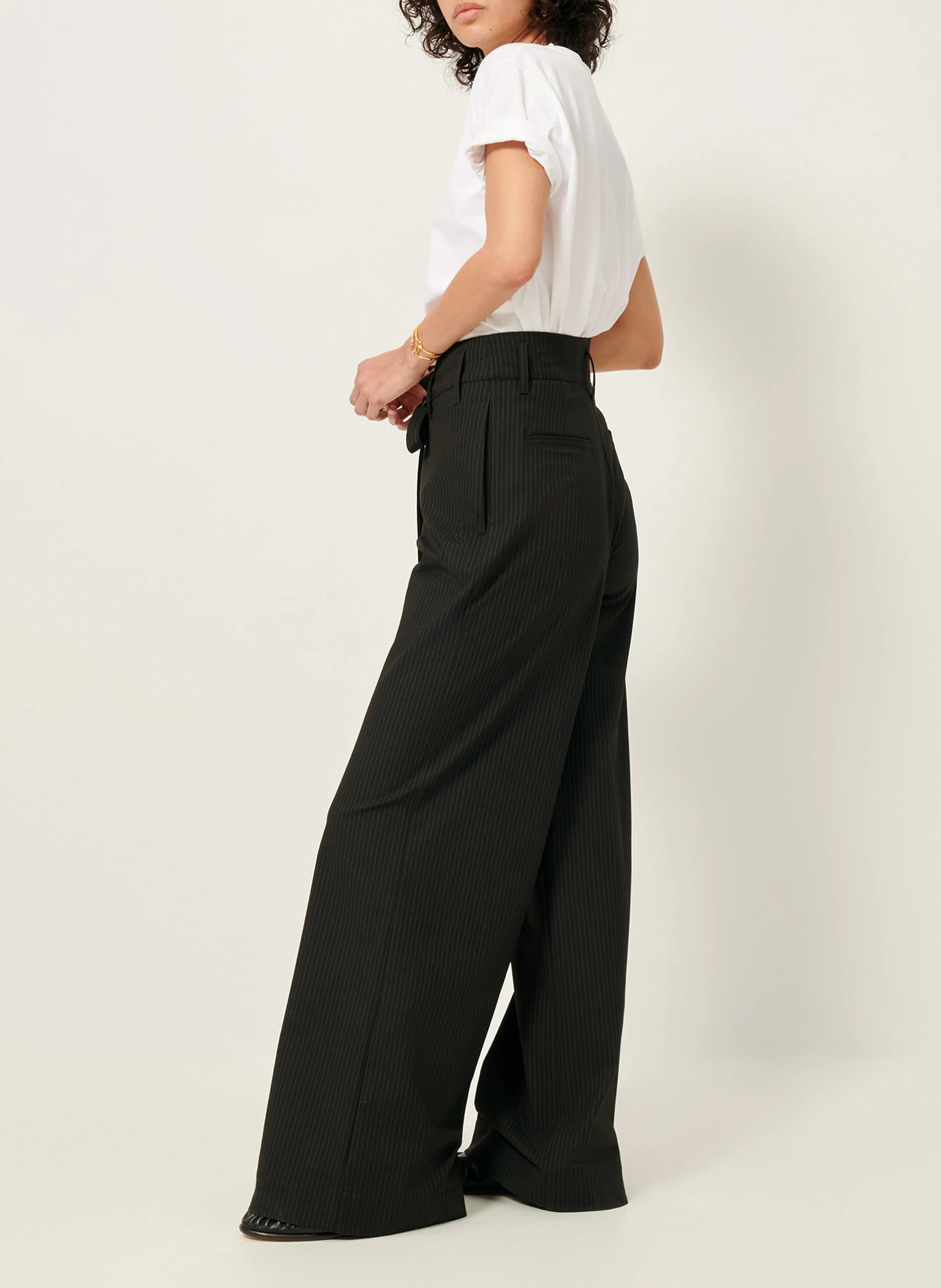 GARAVI - Pantalon large taille haute rayé | Noir