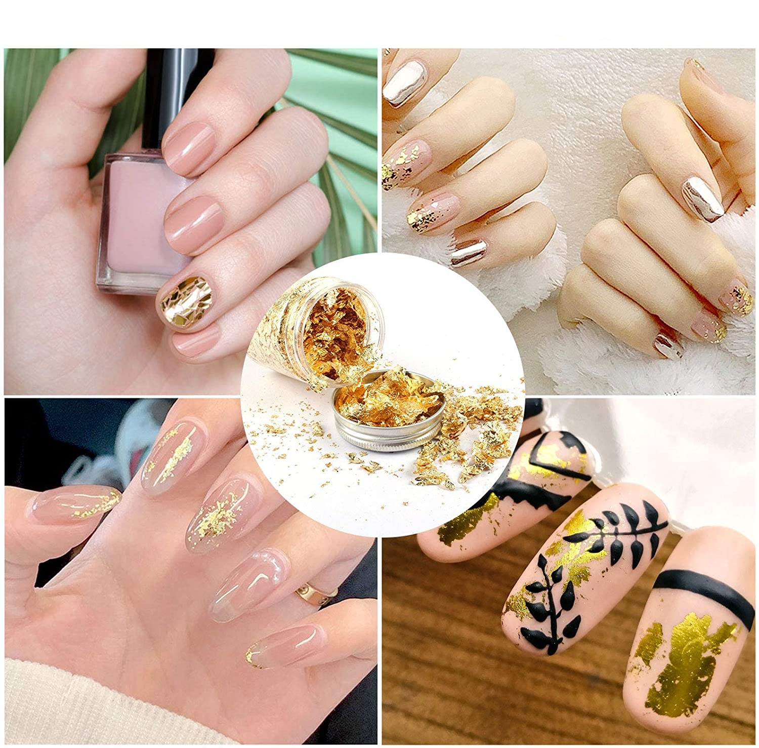 (3er Set) Nail Art Gel Nägel UV Glitzer Flocken Foil Flakes für die Maniküre - Gold / Silber / Roségold