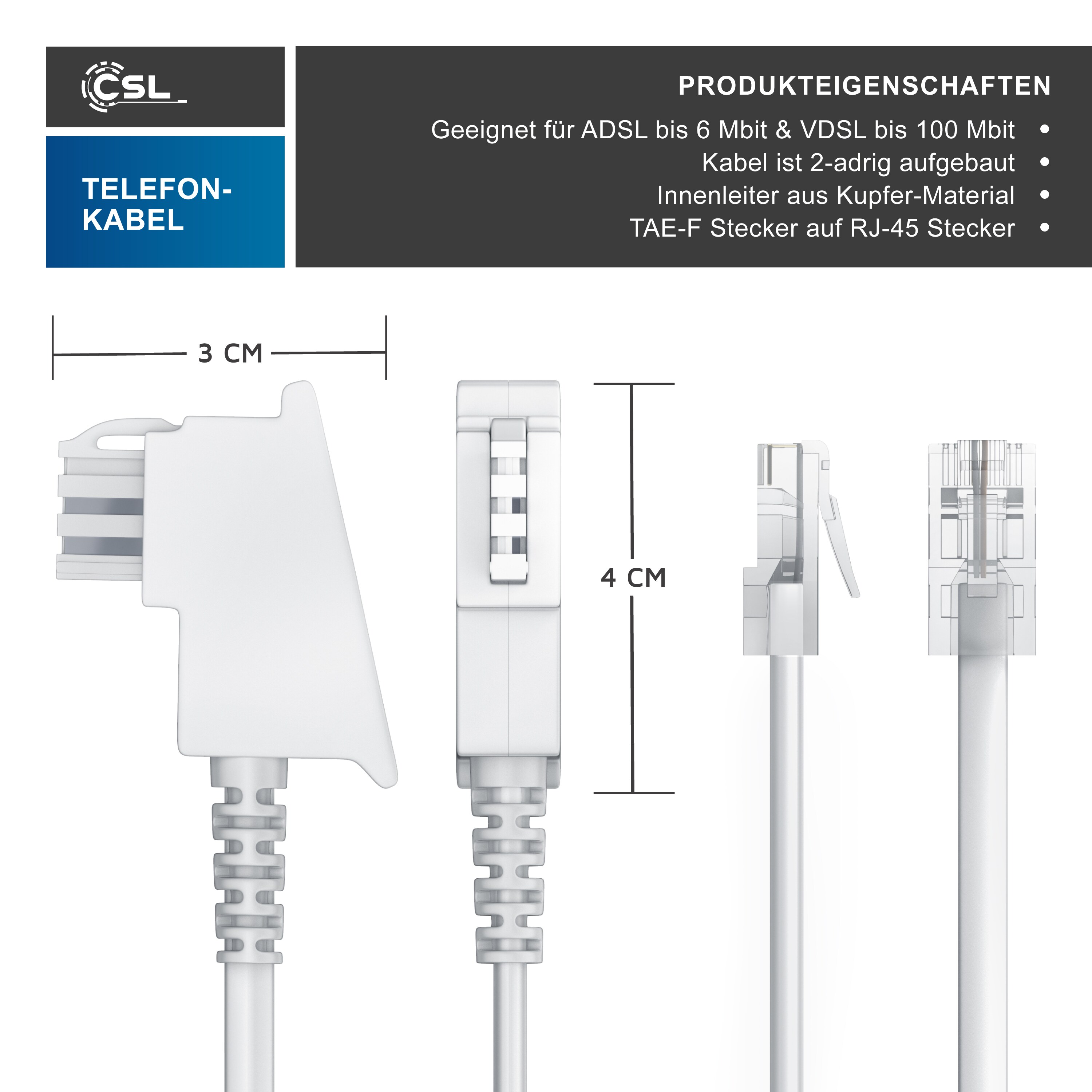 CSL - Internet Kabel Routerkabel - TAE-F Stecker auf RJ45 Stecker - 3m - Internetkabel - Router an die Telefondose, TAE - weiß