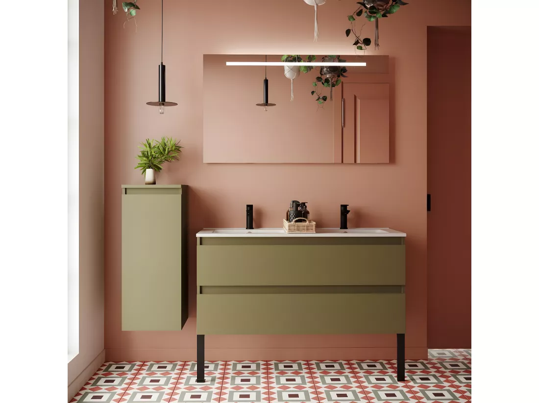 Meuble de salle de bain suspendu double vasque intégrée 120cm 2 tiroirs Vert olive - Hudson
