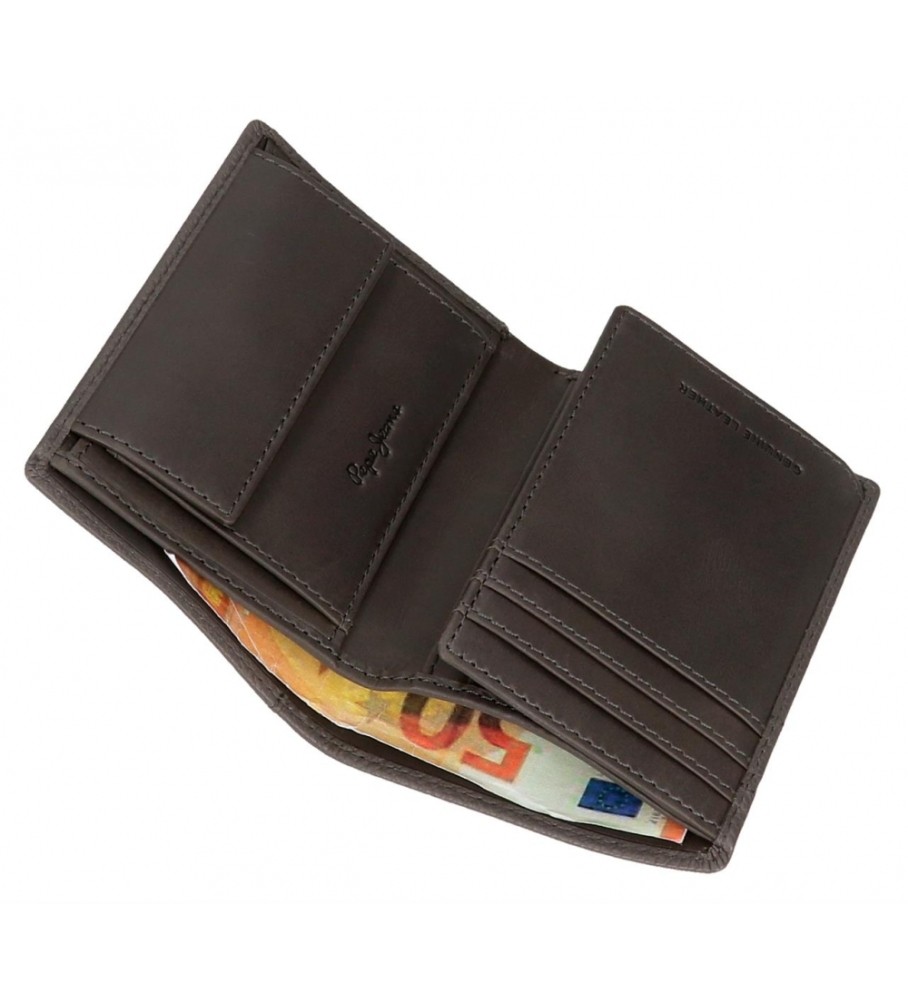 Carteira Pepe Jeans Vertical Checkbox em couro com porta-moedas, cinza