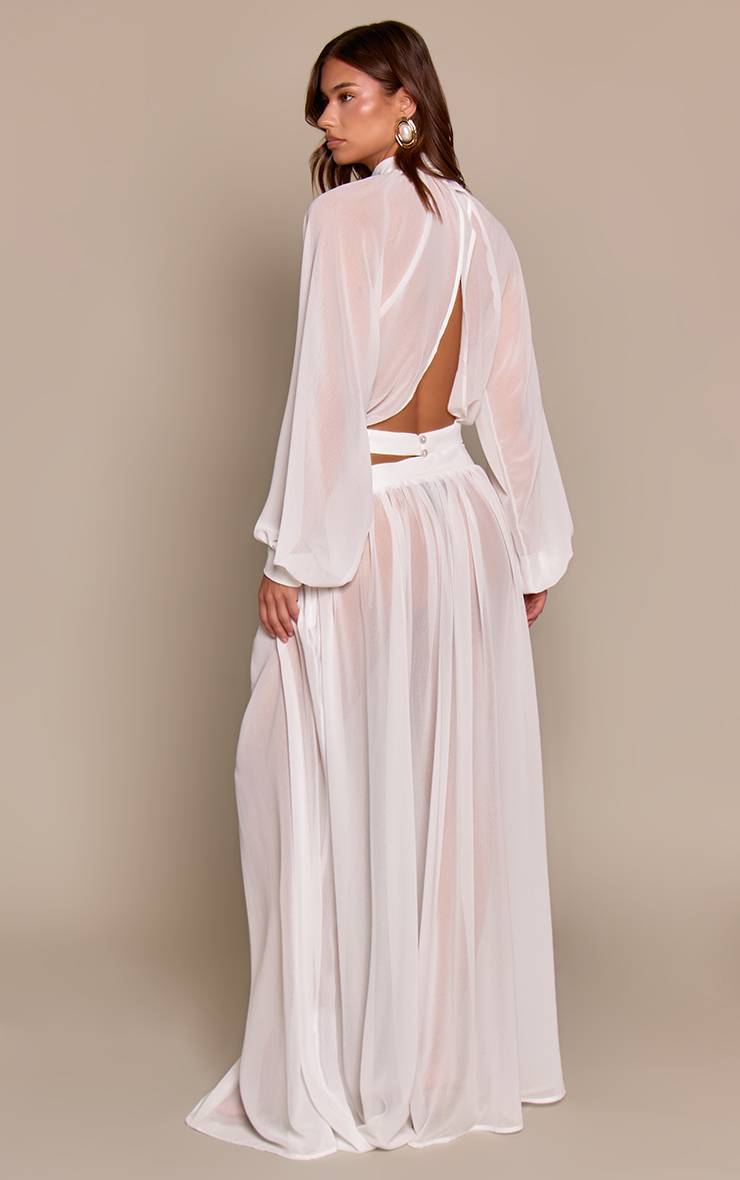 Blanc Jupe Longue Fluide En Mousseline Transparente À Taille Froncée Ensemble Coordonné