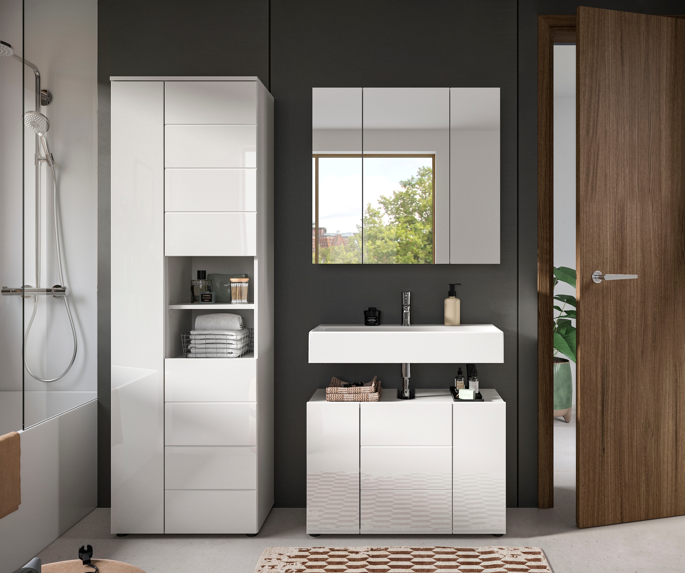 welltime Badmöbel-Set »Biel, Höhe 190 cm, Hochschrank, Unterschrank, Spiegelschrank« 3 Stk. tlg.