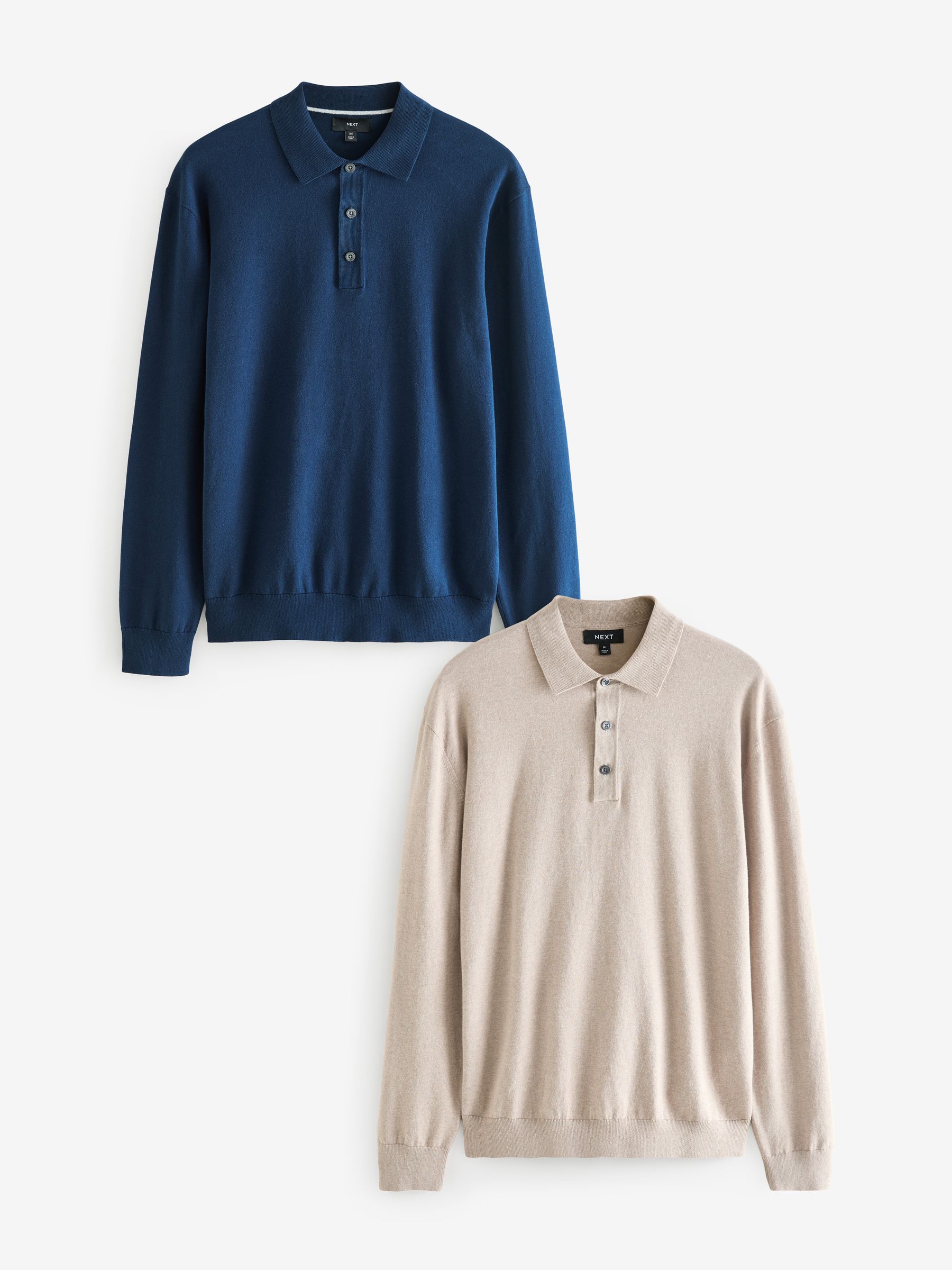 Marineblauw/naturel - Gebreide poloshirts met lange mouwen 2 -pack