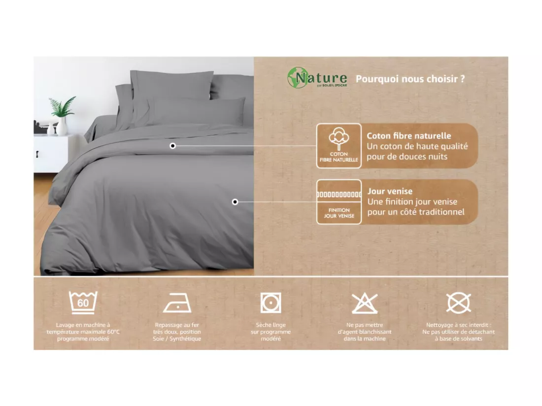 Housse de couette en coton 240x220 cm PERCALE ecru, par Soleil d'ocre