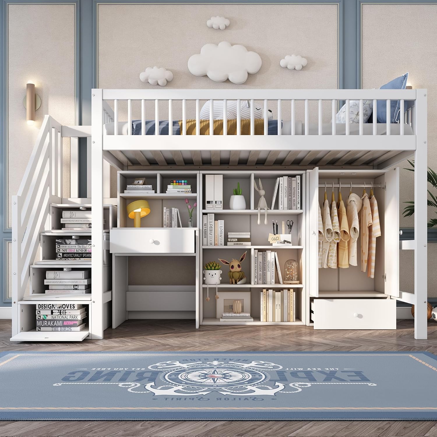 Kinderbett Etagenbett 90x200, Hochbett mit Kleiderschrank&Schreibtisch&Treppe&Schließfächern, Funktionsbett Jugendhochbett Holzbett Bettgestell mit Rausfallschutz & Lattenrost, Ohne Matratze, Weiß