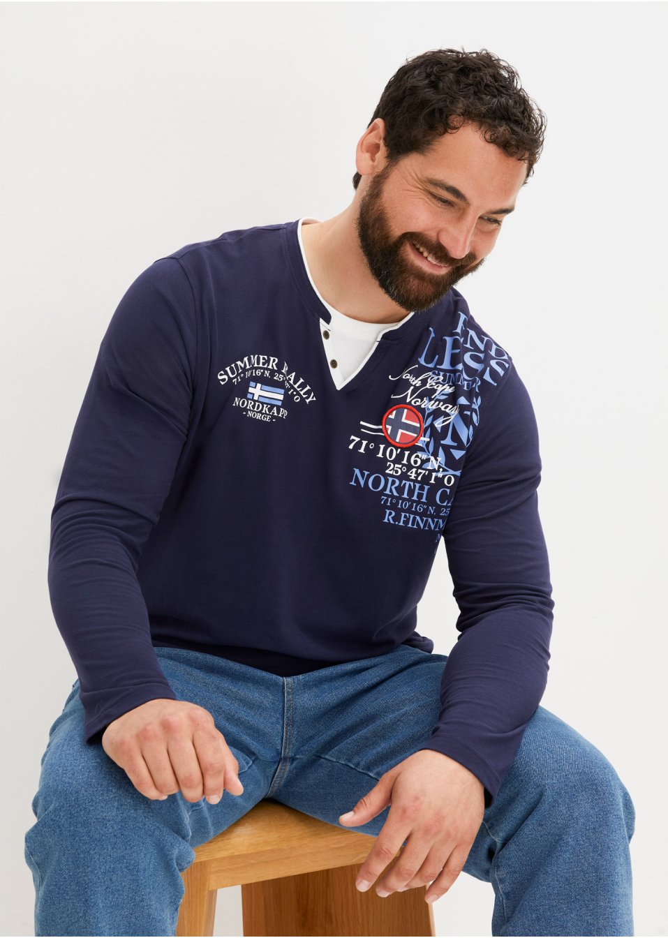 T-shirt col Henley à imprimé, manches longues