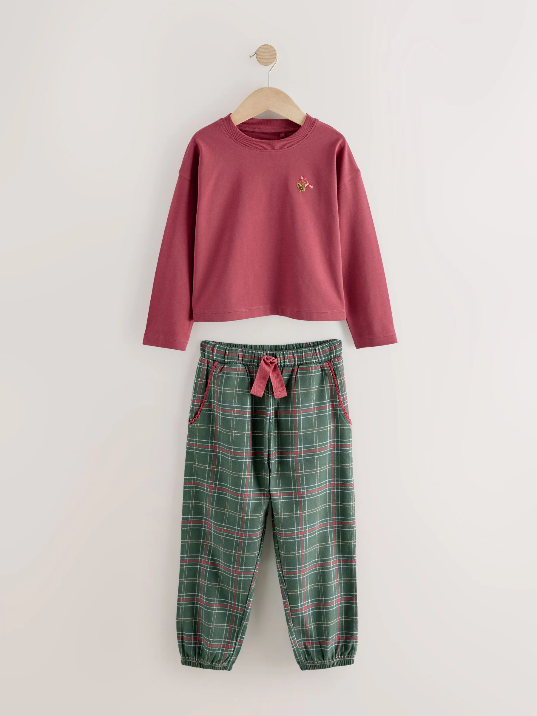 Rood/groen - Set van 2 ruit pyjama's met geweven onderkant (3-16jr)
