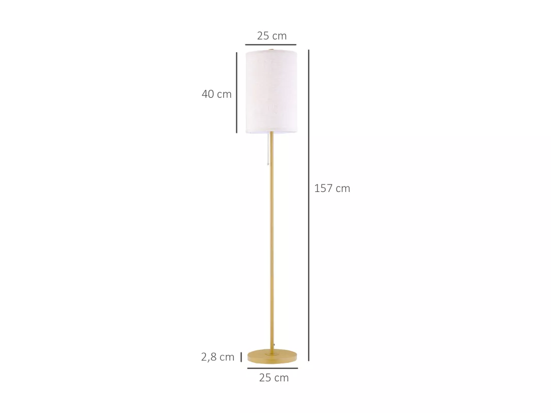 Lampadaire design néo-rétro 40 W max. piètement mât acier doré abat-jour lin crème