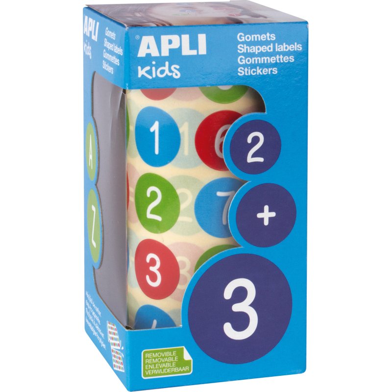 Gommette apli kids enlevable ronde 20mm 123 majuscules multicolores rouleau 900 unités