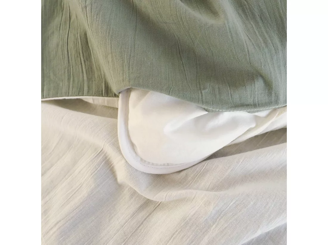 Parure de lit imprimé végétal blanc et kaki 260 x 240 cm en coton lavé
