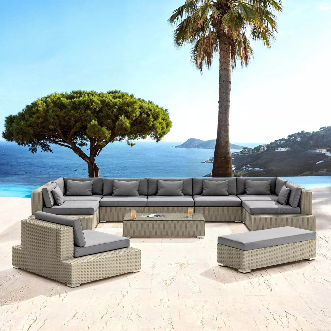 Salon de jardin en résine tressée 9 places 9 pcs Palma Gris et anthracite