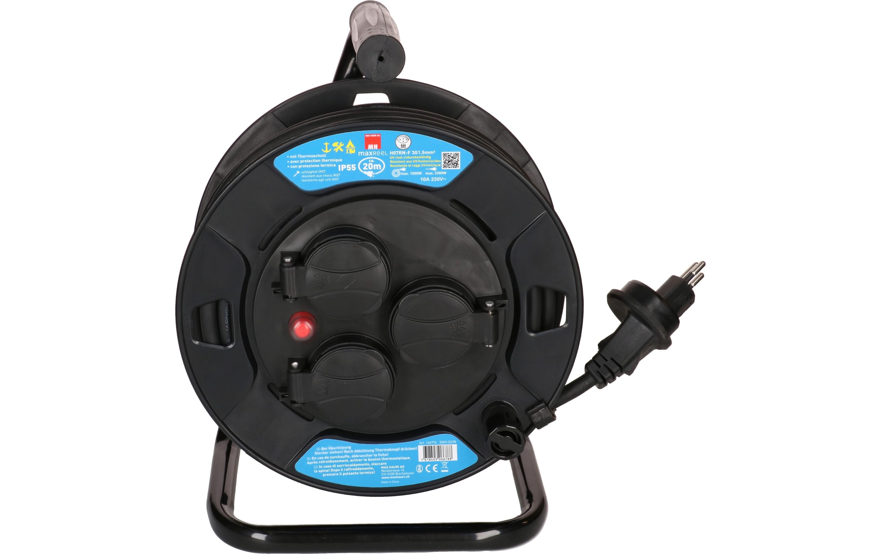 Kabelrolle maxREEL 20 m, 3x T13, IP55, Schwarz20 m Kabeltrommel mit Metallrahmen für den Aussenbereich