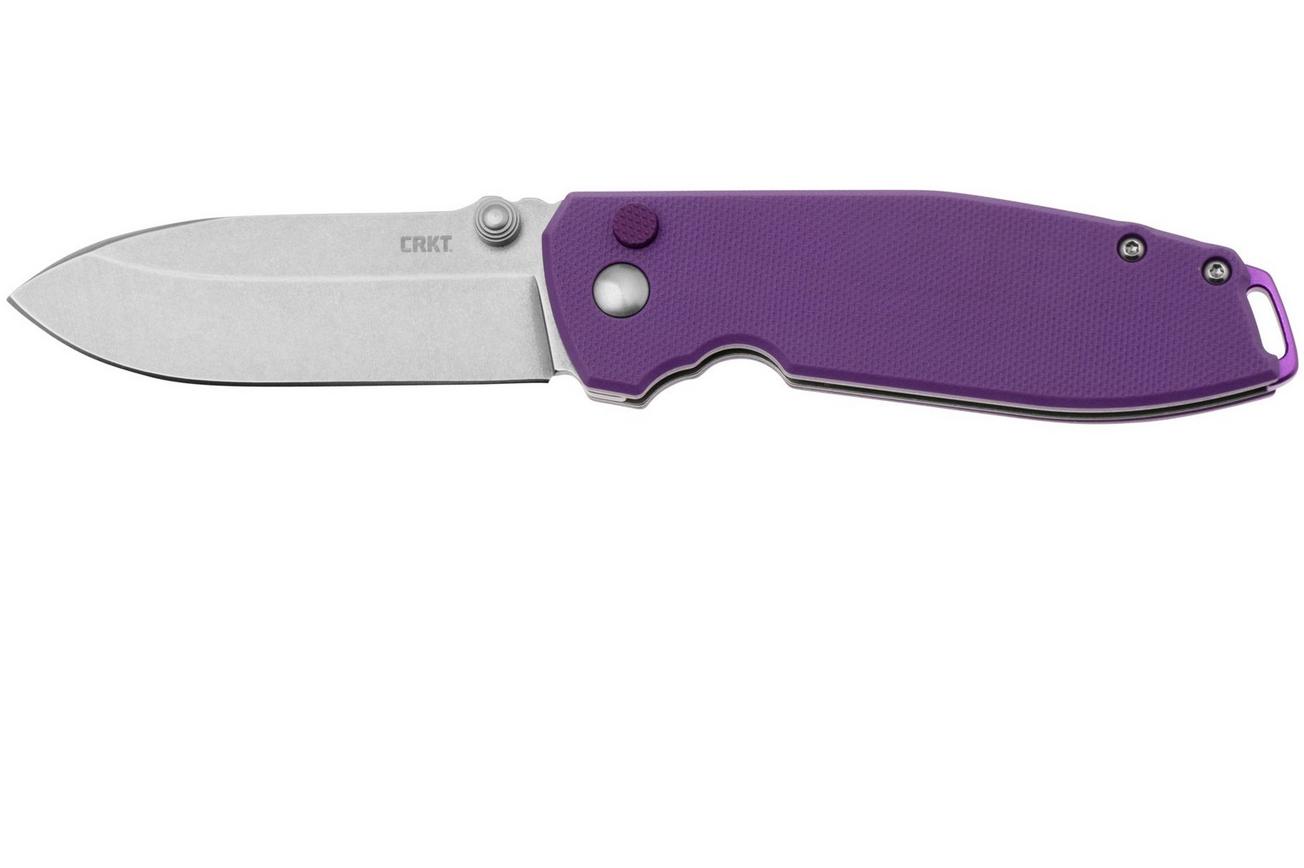 CRKT Squid XM Button Lock 2495P Stonewashed 14C28N, Violet G10, zakmes, Lucas Burnley design