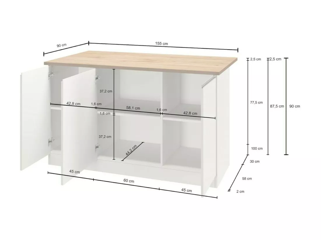 Îlot de cuisine Dcarnelo, Armoire polyvalente, Meuble de kitchenette, Table auxiliaire, 100% Made in Italy, 155x90h90 cm, Blanc brillant et chêne