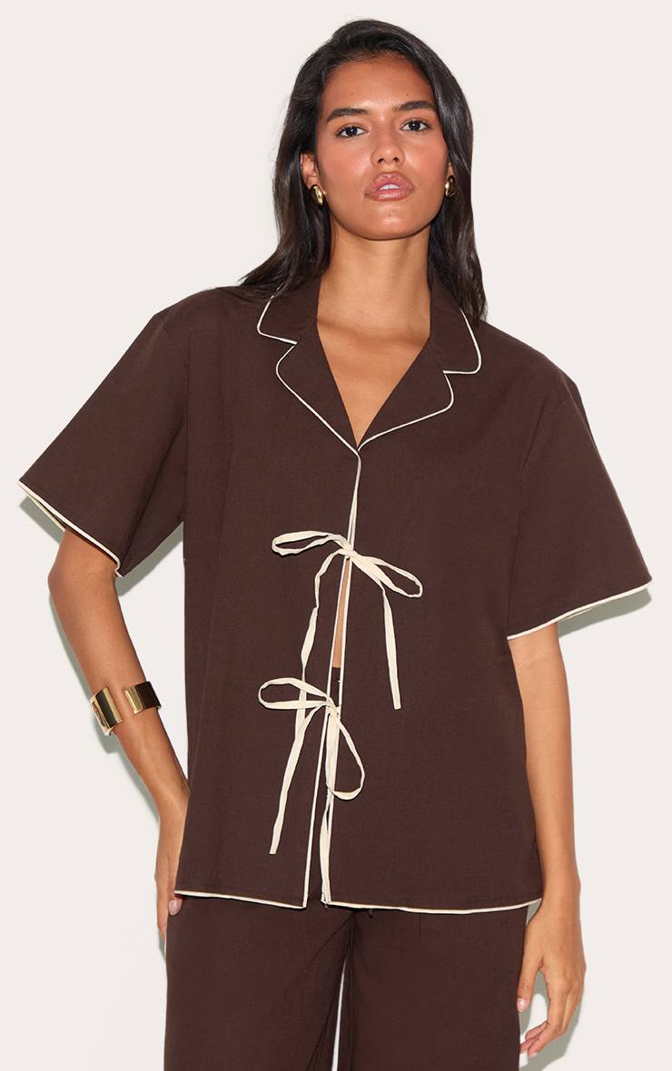 Marron Foncé Chemise Oversize Aspect Lin Avec Nœud Et Détails Contrastés