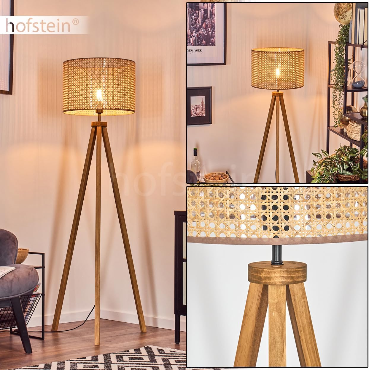 Stehleuchte Barcos, Stehlampe aus Holz/Wiener Geflecht/Rattan in Naturfarben/Schwarz, Leuchte im skandinavischen Design mit rundem Schirm (Ø 40cm) u. Fußschalter, Höhe 154cm, 1x E27, ohne Leuchtmittel